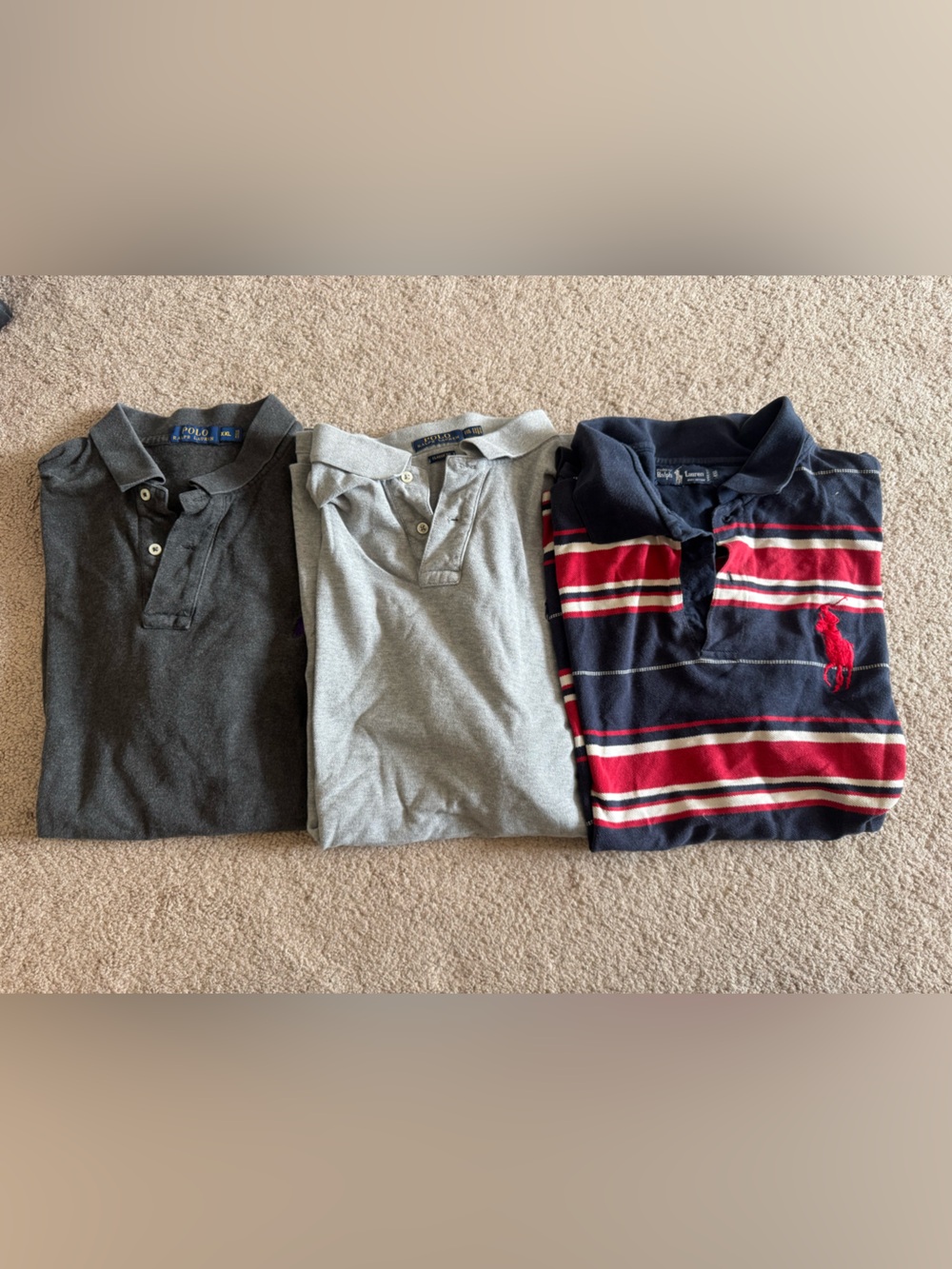 Set of 3 XXL Ralph Lauren Men's Polo Shirts - Charcoal , Light Gray, blue red wh